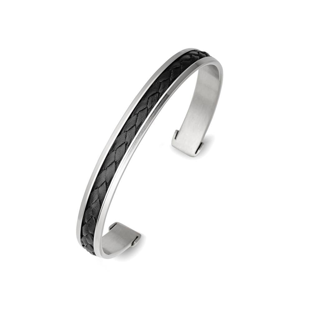 Stainless Steel Men’s Cuff Silver With Black Leather