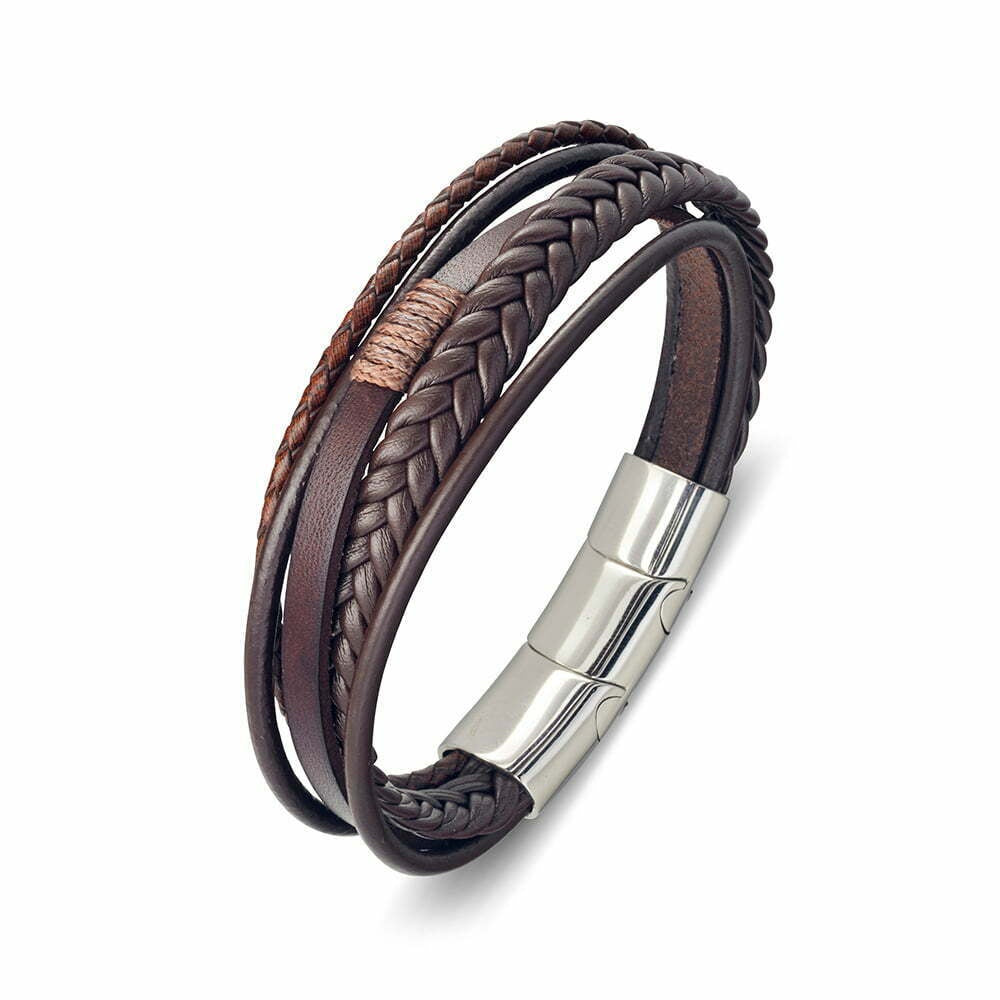 5 Strap Mens Brown And Black Leather Bangle